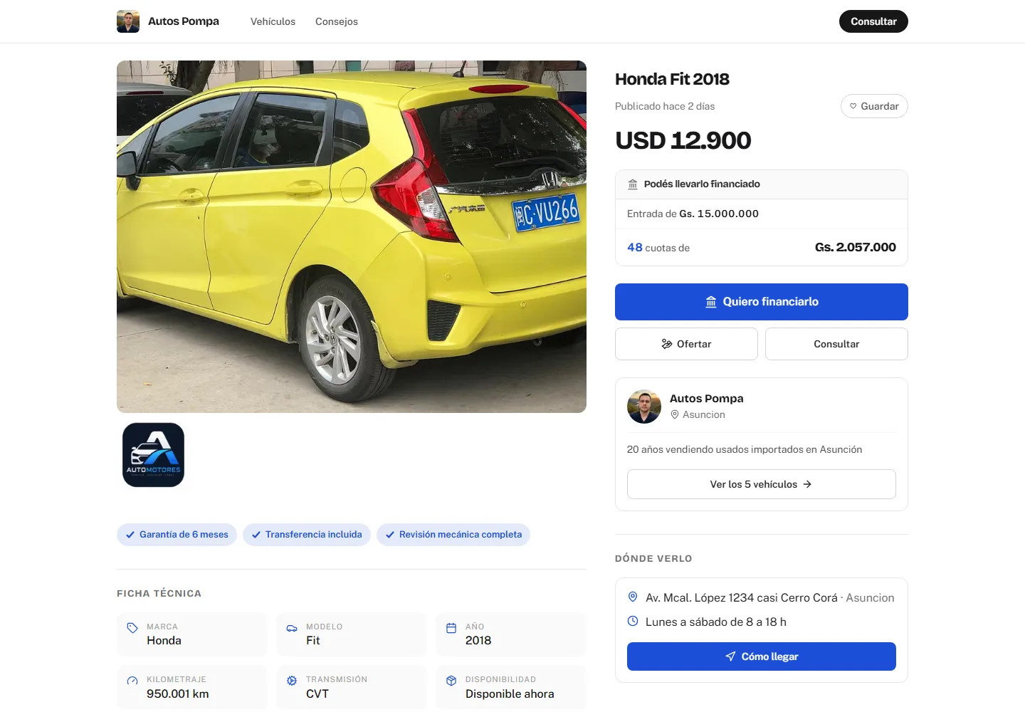La ficha de un Honda Fit 2018: precio en dólares, entrada y 48 cuotas en guaraníes, garantía, ficha técnica y dónde queda el local.